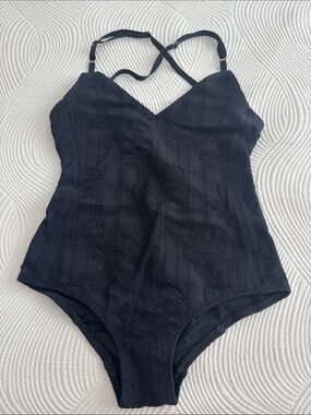Malia Mills Black One-Piece Swimsuit with Adjustable Straps. Open back.